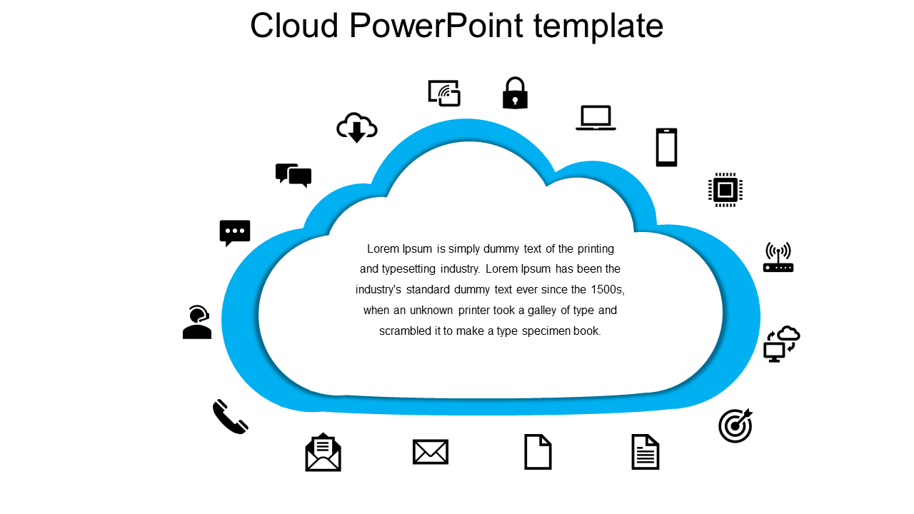 Template with a central blue cloud icon surrounded by various technology and communication symbols.