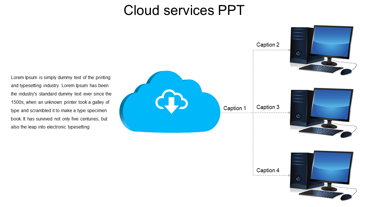 Slide featuring a blue cloud with download icon, and three computers with captions connected by dotted lines.