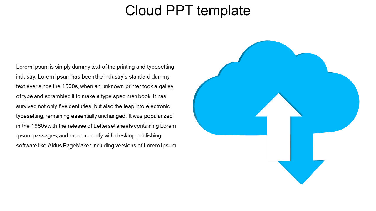 Cloud computing infographic with a large blue cloud icon featuring white upload and download arrows beside a text section.