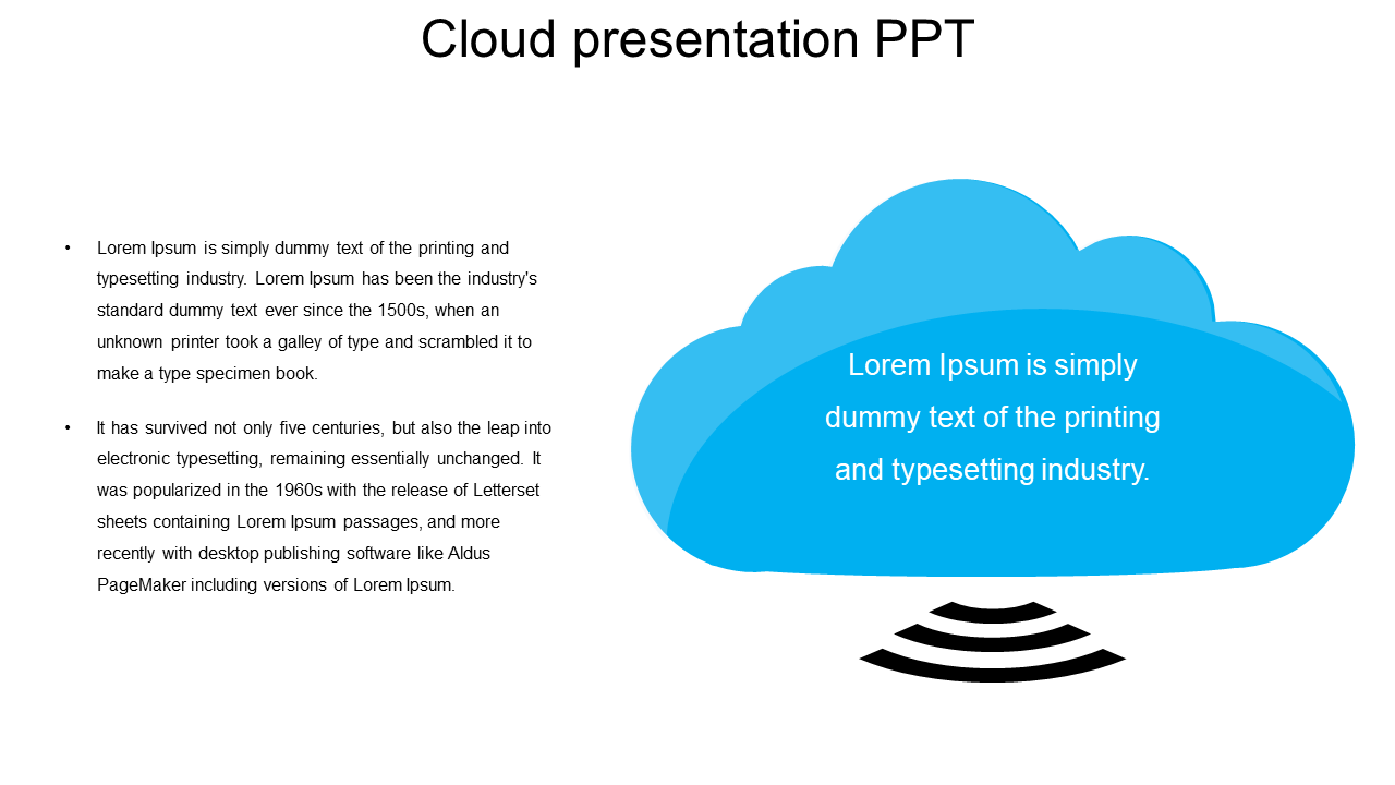 Slide featuring a blue cloud with text inside, and bullet points describing the topic, on a white background.