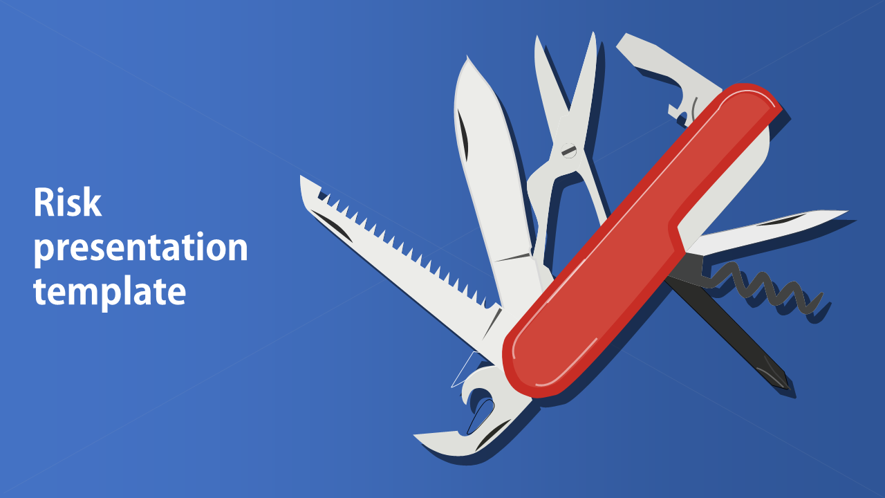 Risk PowerPoint presentation template featuring a Swiss army knife with multiple tools against a blue background.