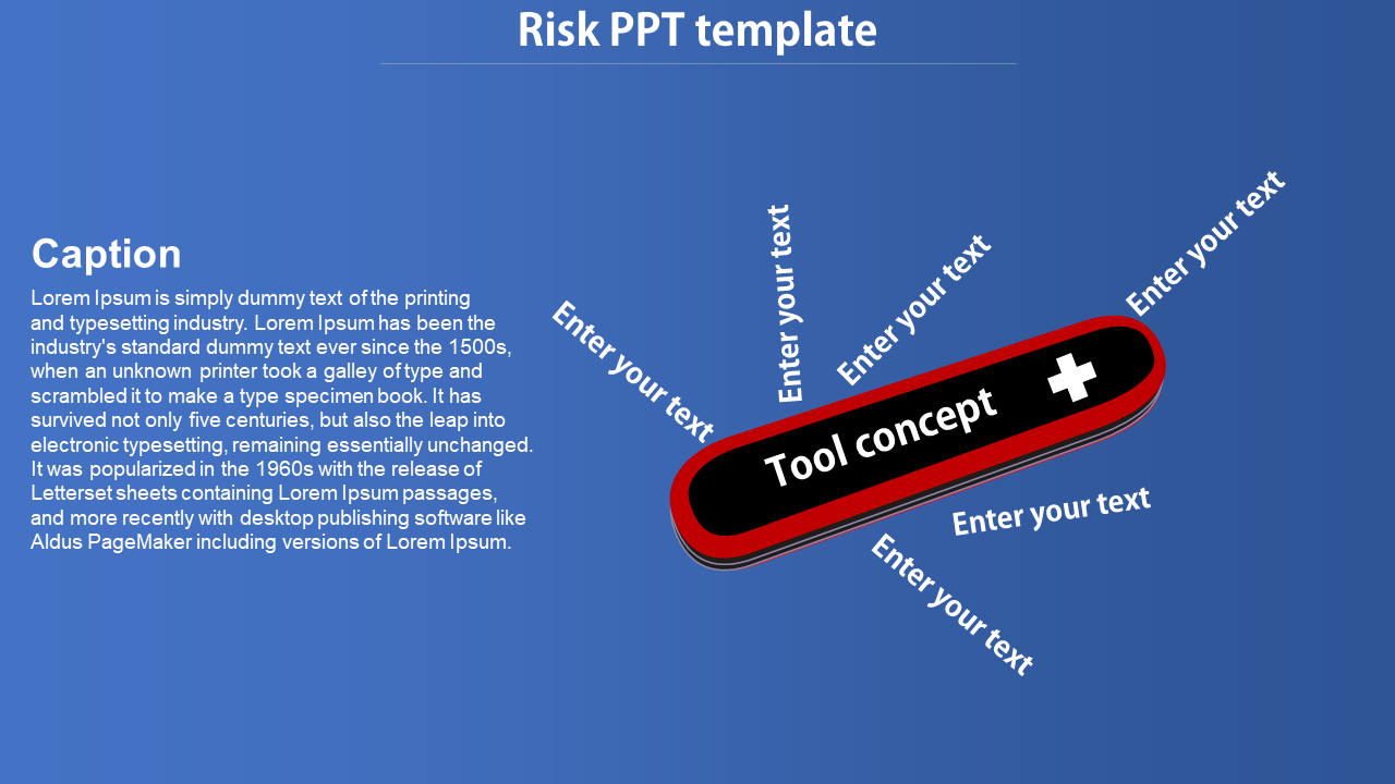 Risk template featuring a red Swiss army knife graphic with six labeled sections, on a blue background.