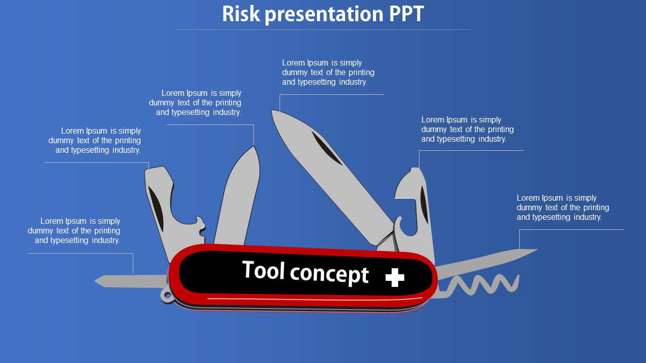 Risk PowerPoint template featuring a Swiss army knife with various tools, labeled with dummy text against a blue background.
