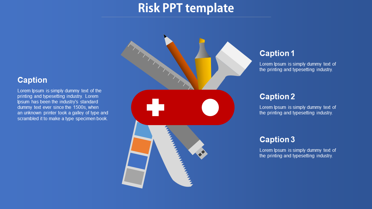 Risk template featuring a Swiss Army knife with multiple tools, such as a ruler and saw, representing different elements.