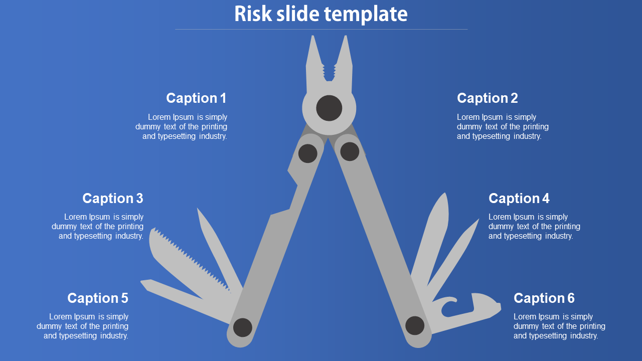Risk slide with a blue background showing a white multi tool image featuring six labeled captions.