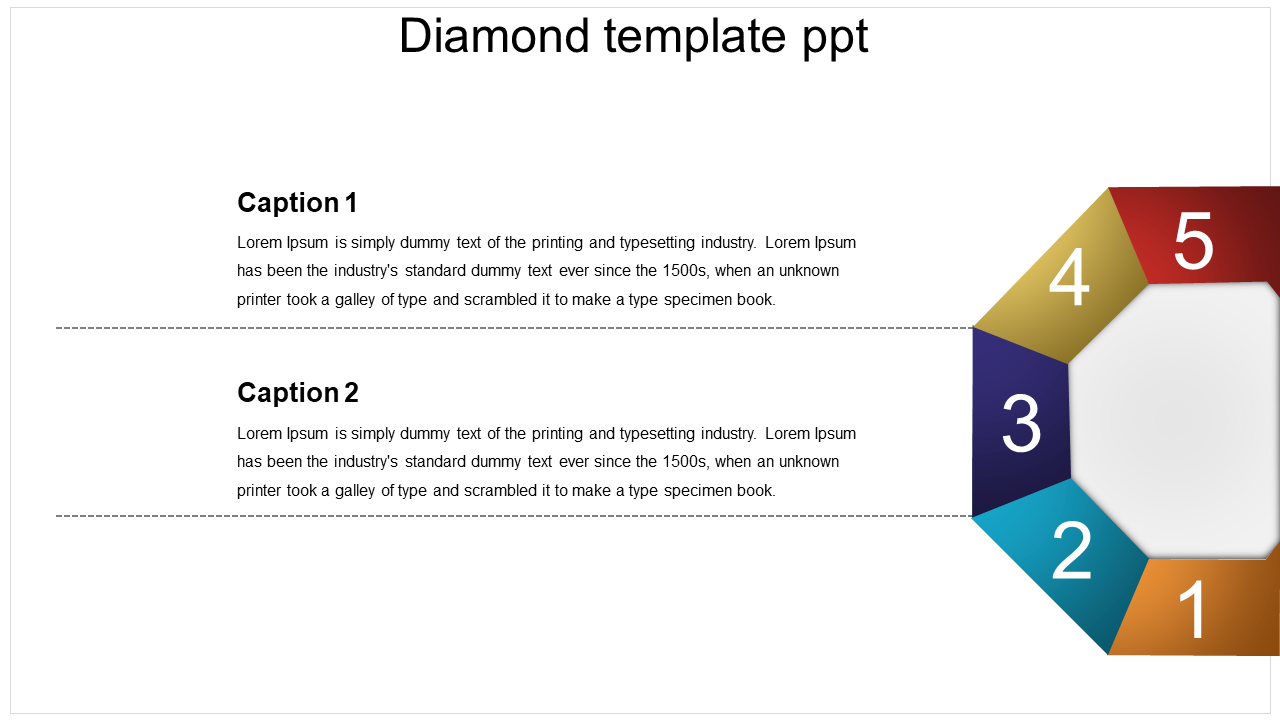 Diamond shaped PowerPoint template with numbered sections from 1 to 5, each with placeholders for captions.