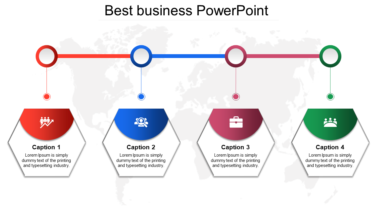 Best business PowerPoint template with colorful hexagonal icons for each section and captions related to business topics.