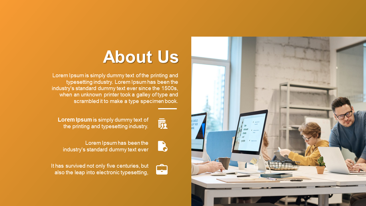 About Us slide with a orange background, business-related icons, and a workplace image featuring a team collaborating.