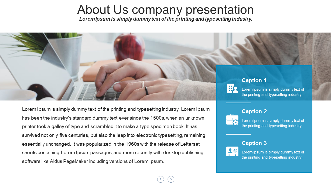 About Us company presentation slide with a person typing on a laptop and captioned boxes for business descriptions.