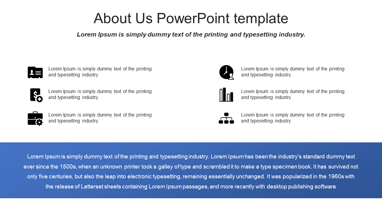 About us slide with six black icons and descriptions, followed by a paragraph on a blue background.