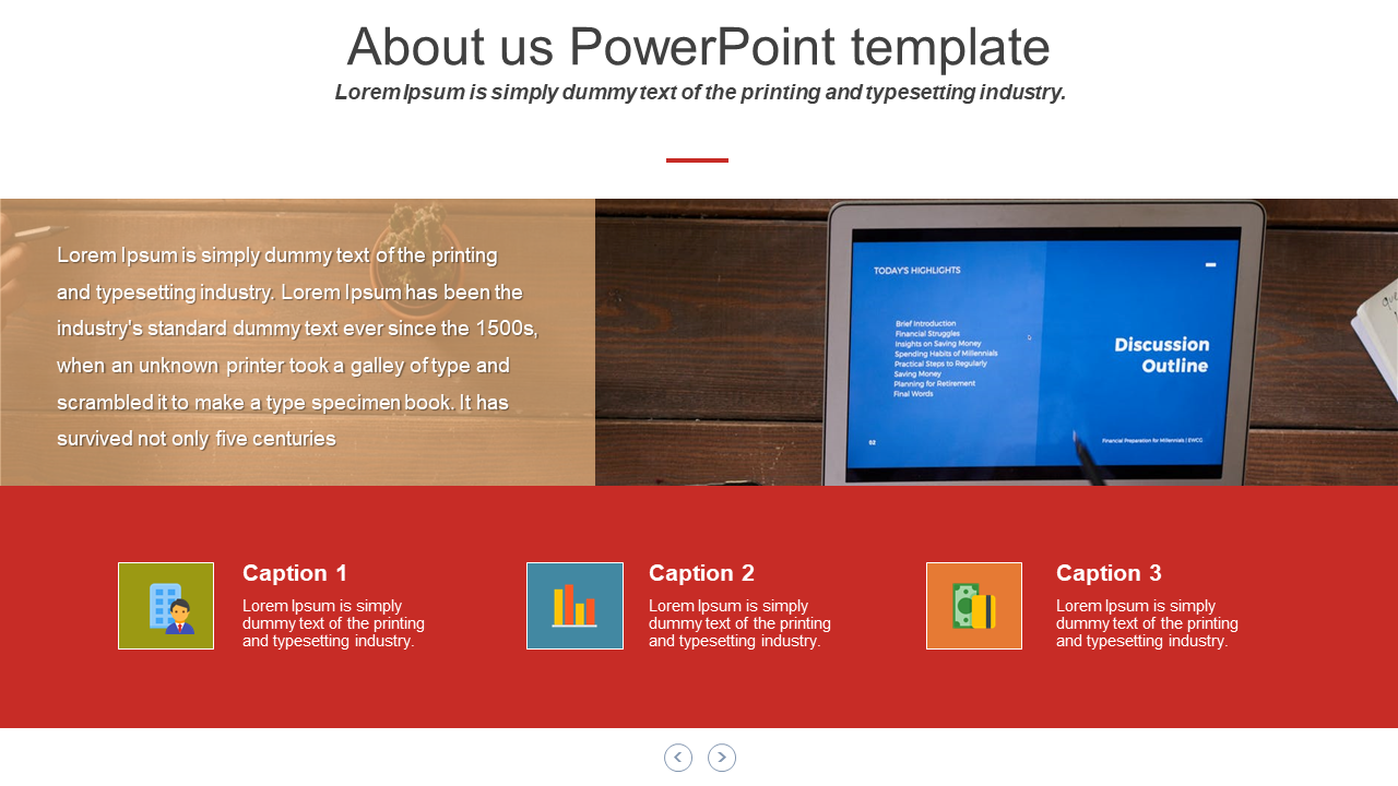 About us slide with a laptop displaying blue screen with three icons and captions below, on a red background.