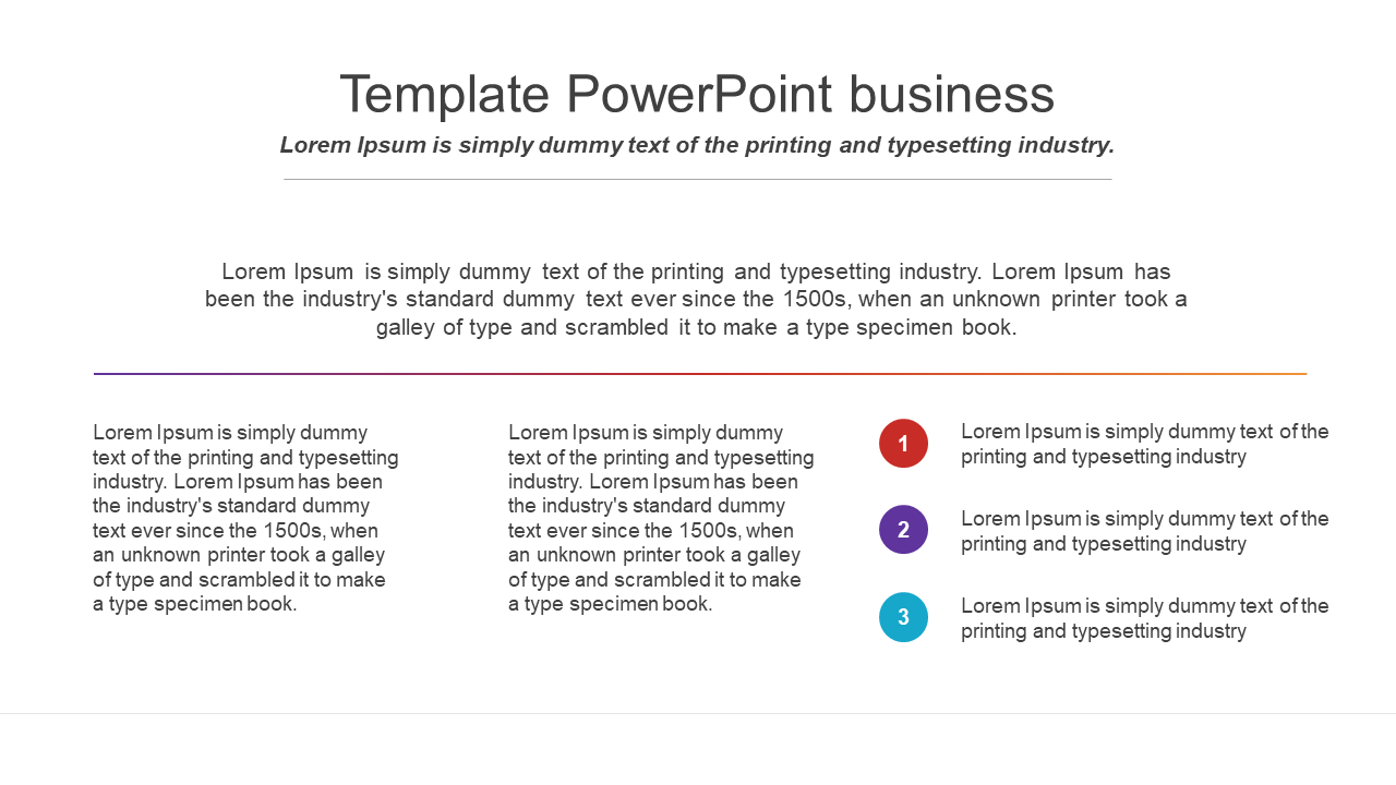 Minimalist business slide with a centered title, descriptive text, and a three step numbered section on the right.