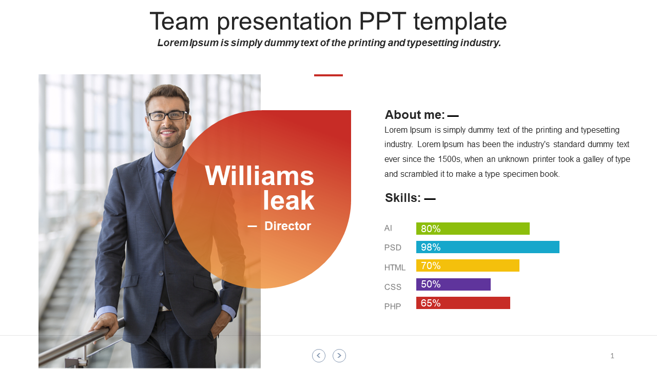 Team slide with a photo of a man in a suit with orange gradient name bubble and skills displayed in a colorful bar chart.