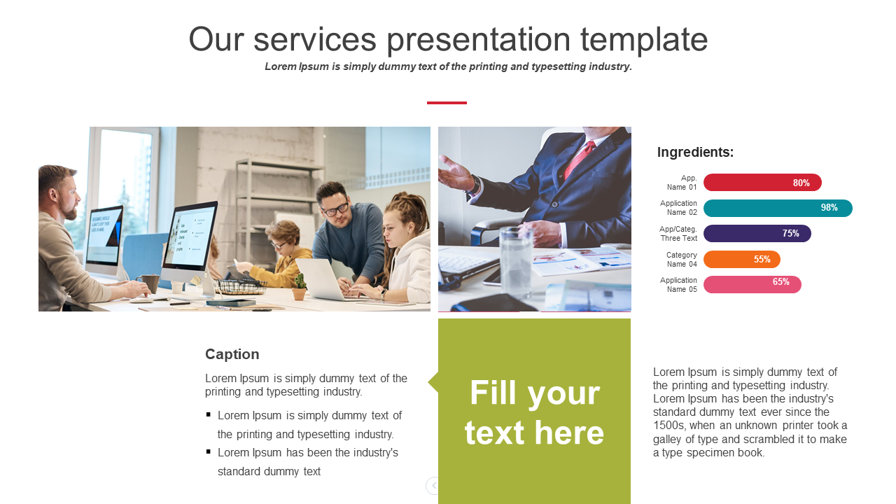 Our services PowerPoint template with team photos, an ingredients section showing app performance, and a text placeholder.