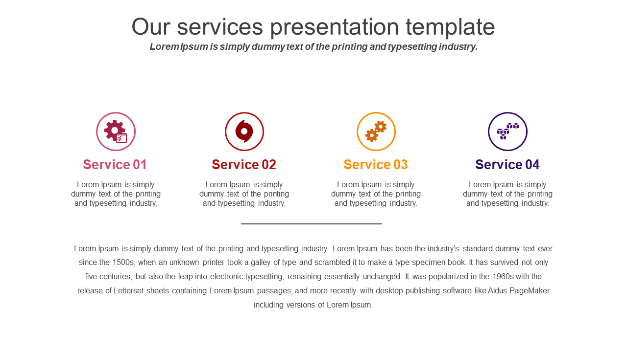 Professional service slide with four icons in red, orange, and purple, each paired with a service title and description.