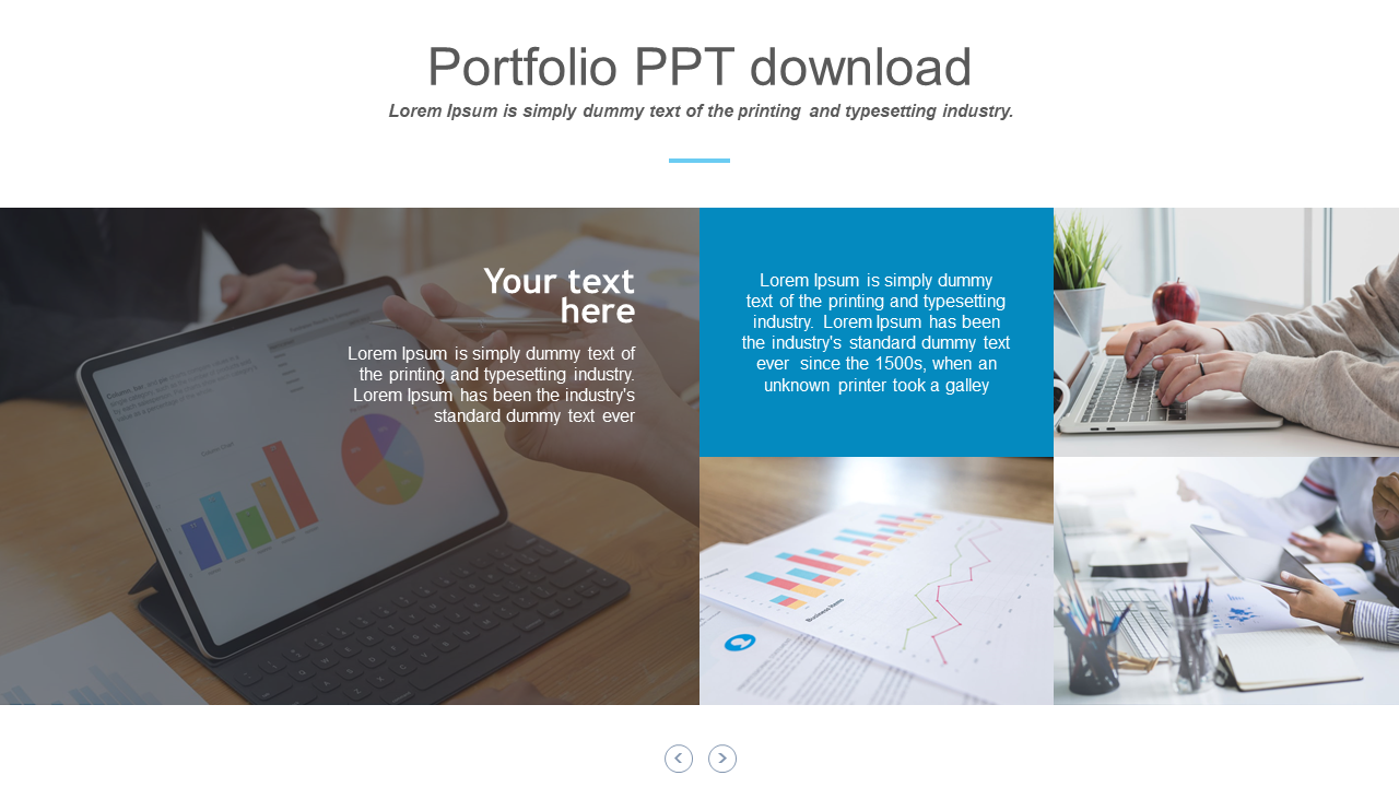Portfolio slide featuring a tablet displaying a bar and pie chart, a document with graphs, and a person typing on a laptop.