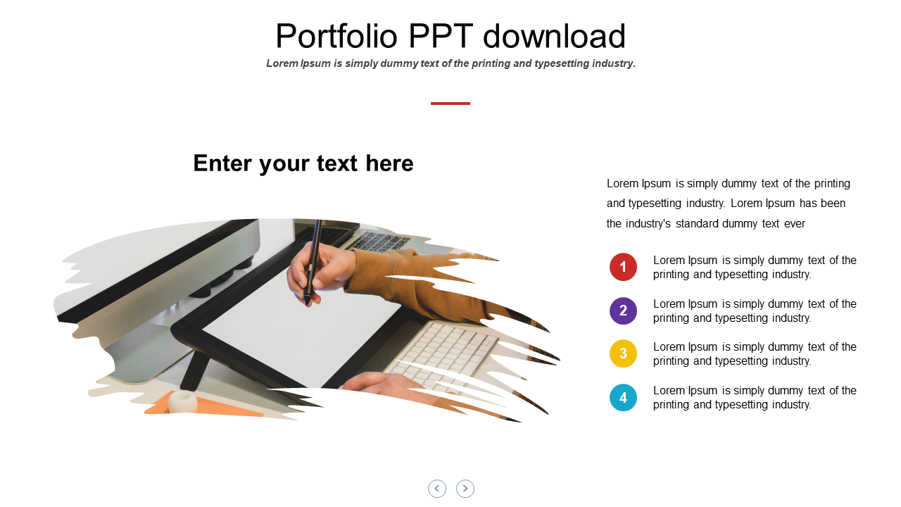 Portfolio PPT slide showing a hand drawing on a tablet with caption placeholders for text input.