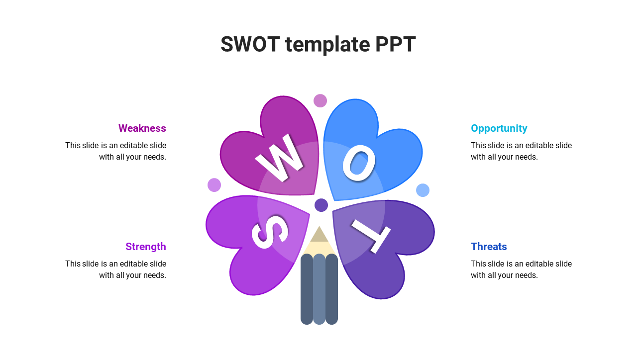 SWOT analysis infographic in a four petal floral design with a pencil base, labeled and color coded for each category.