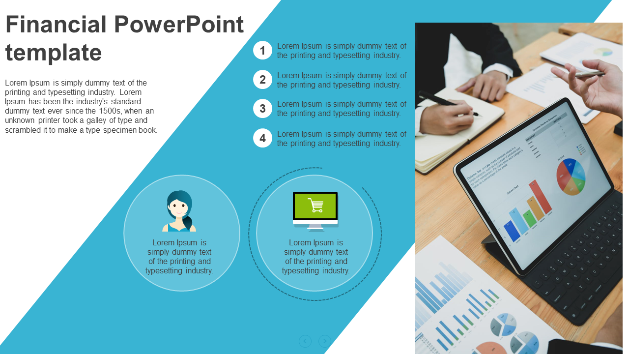A financial PPT slide with a laptop, icons, and text explaining dummy text, alongside a person working with charts.