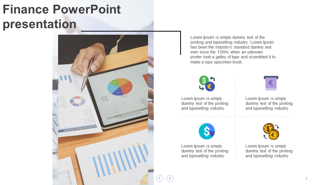 Finance slide with a left side image of financial charts on a tablet and four financial icons with placeholders text areas.
