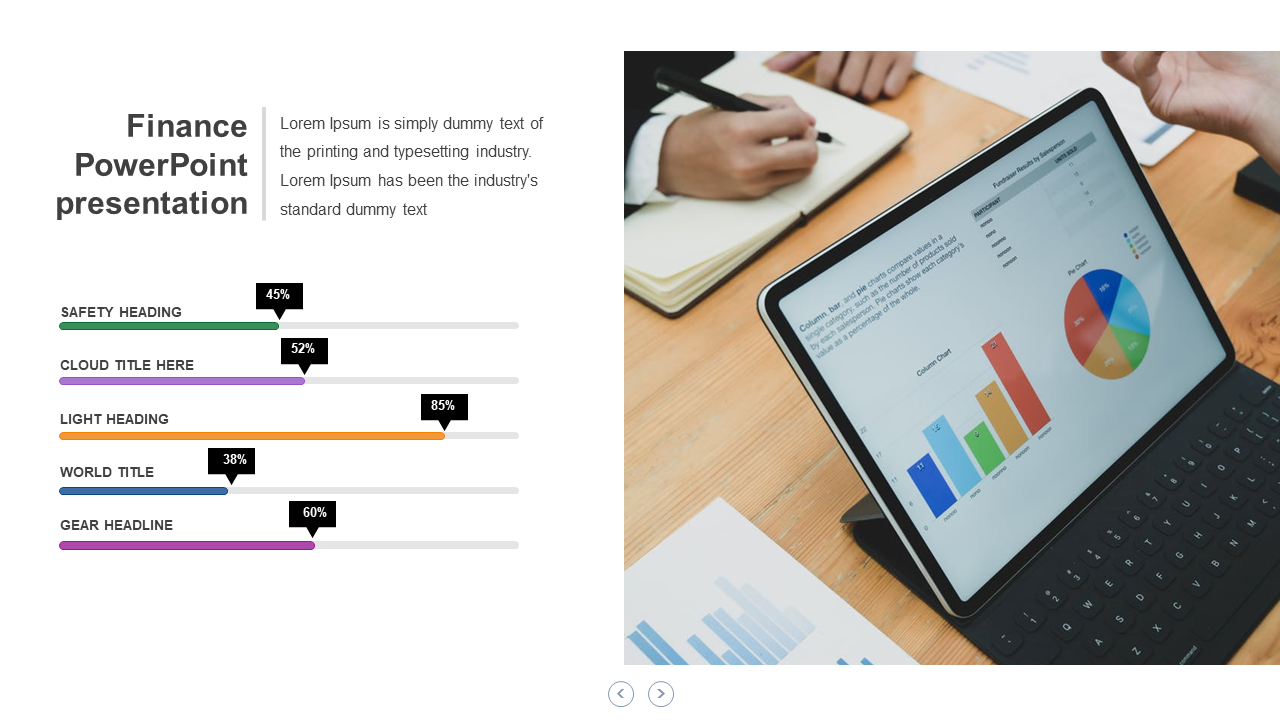 Slide with five colorful progress bars representing different headings alongside a business graph displayed on a tablet.