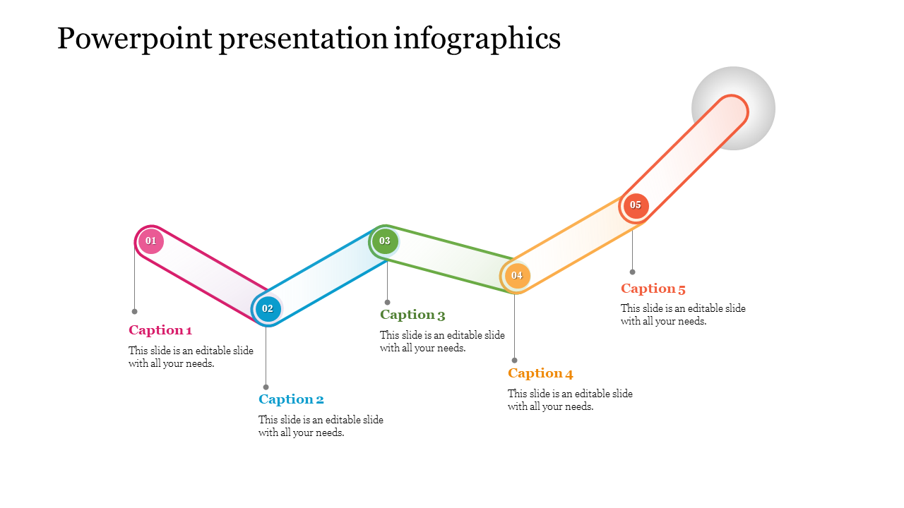 Curved step infographic with five circular nodes, color coded from pink to orange, connected by a path with captions below. 