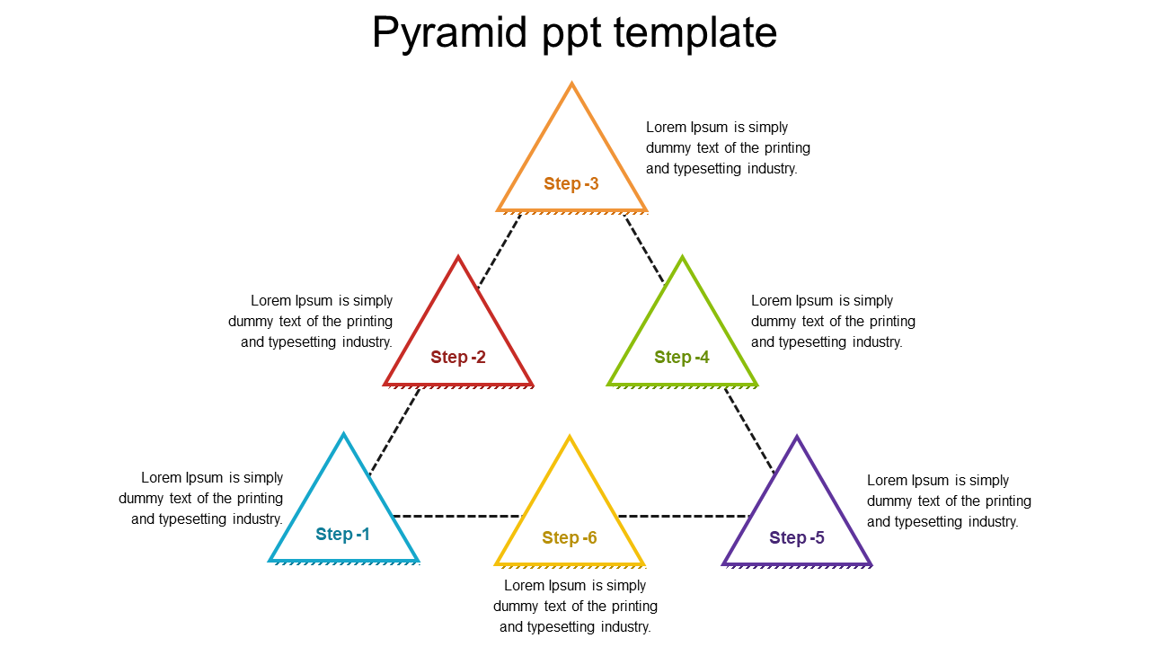 Colorful pyramid PPT template with six triangular sections representing steps, each with a caption describing the step.
