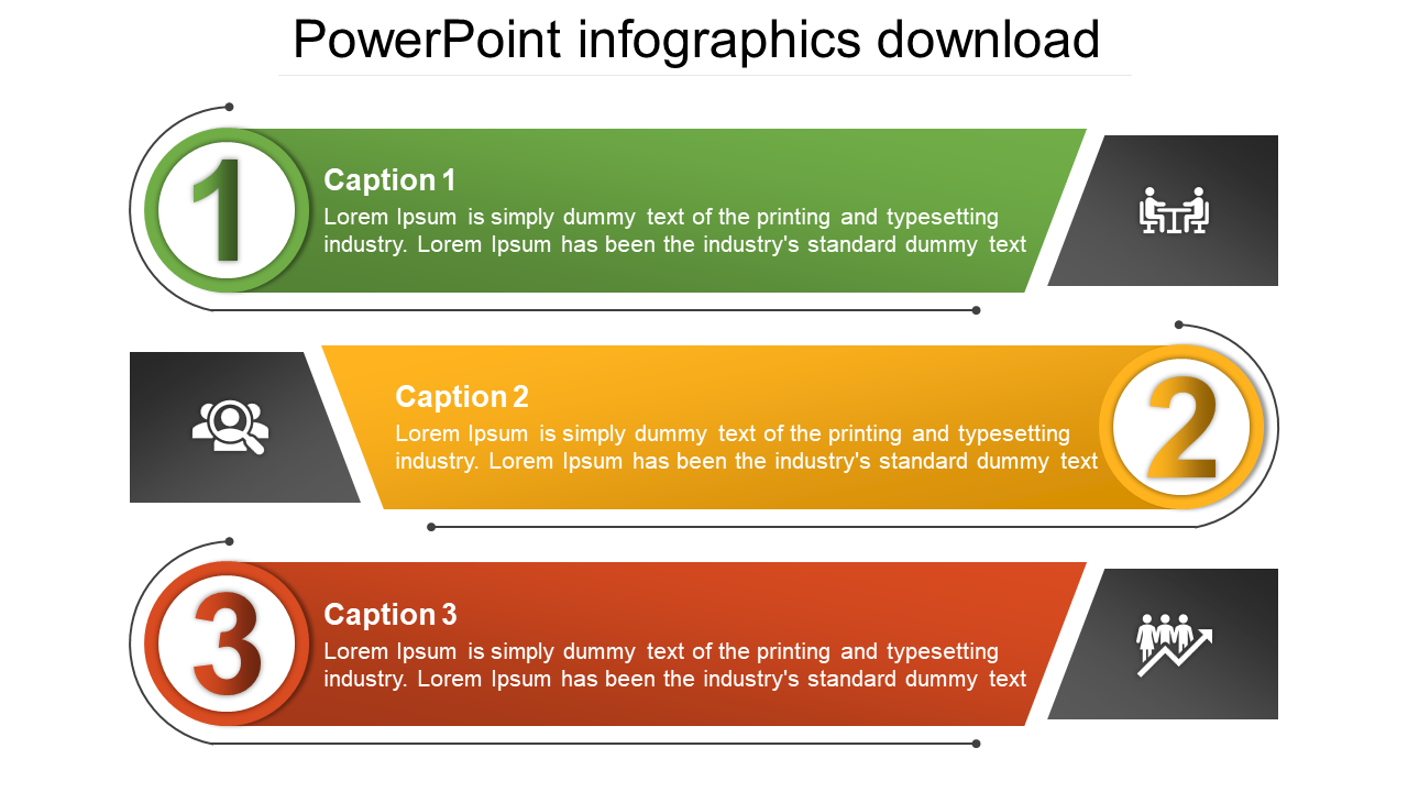 Infographic slide with three numbered sections in green, yellow, and red, each containing icons and captions.