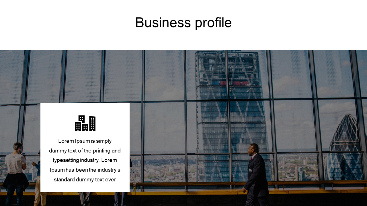Business profile PowerPoint template featuring an office building background and an icon with placeholder text.