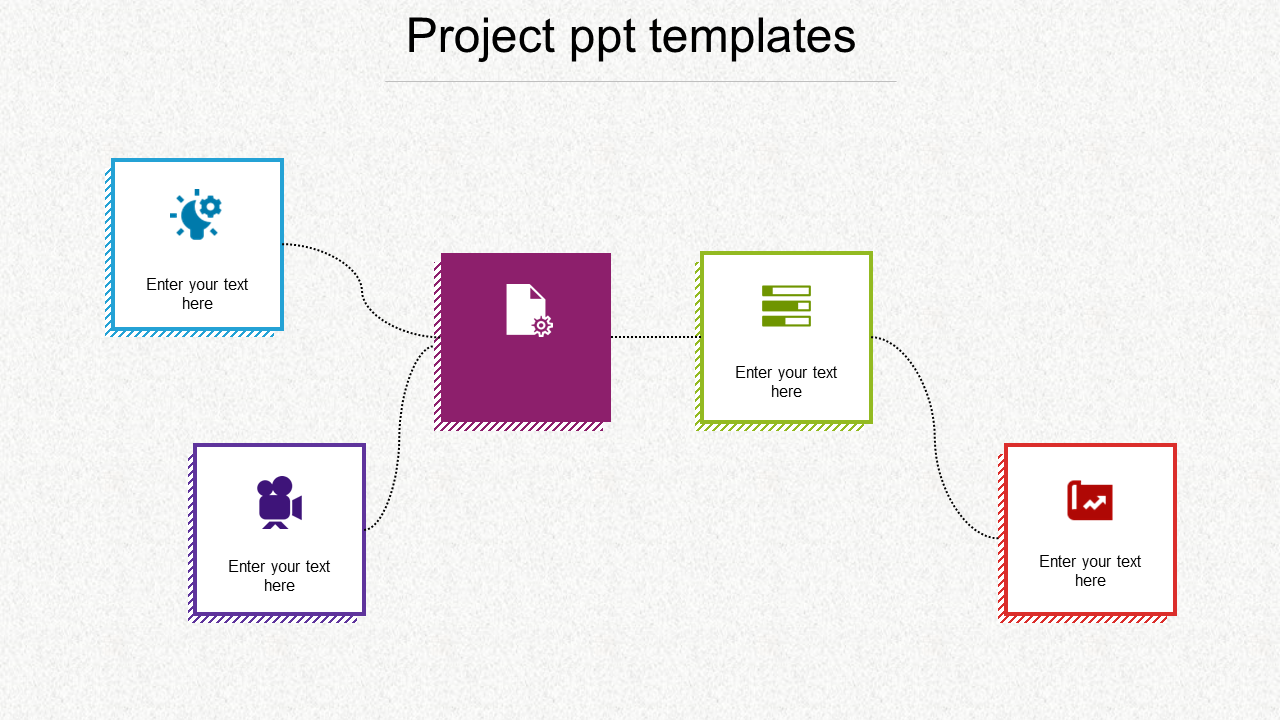 Project design template with five colorful placeholders linked by dotted lines for step by step presentation. 