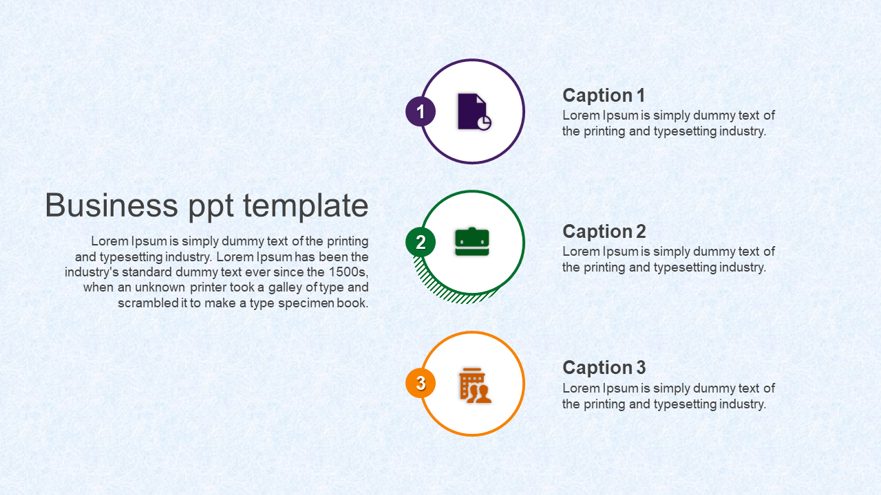 Business slide with three numbered captions, each inside a circular icon with purple, green, and orange outlines.