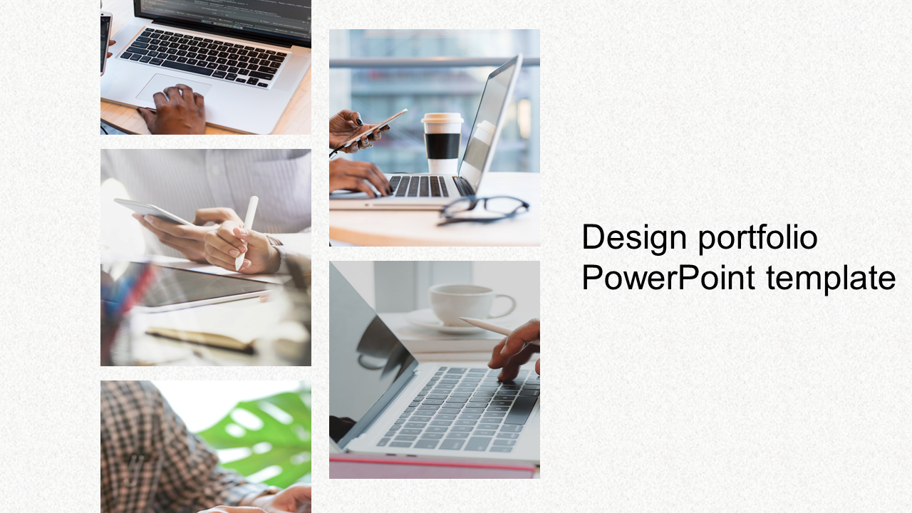 Design portfolio slide featuring a vertical collage of images, including laptops, smartphones, and writing tools, with text.