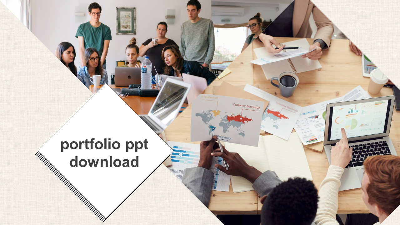 Portfolio slide with a split layout featuring a team discussion, data analysis, and a central text box on a beige background.