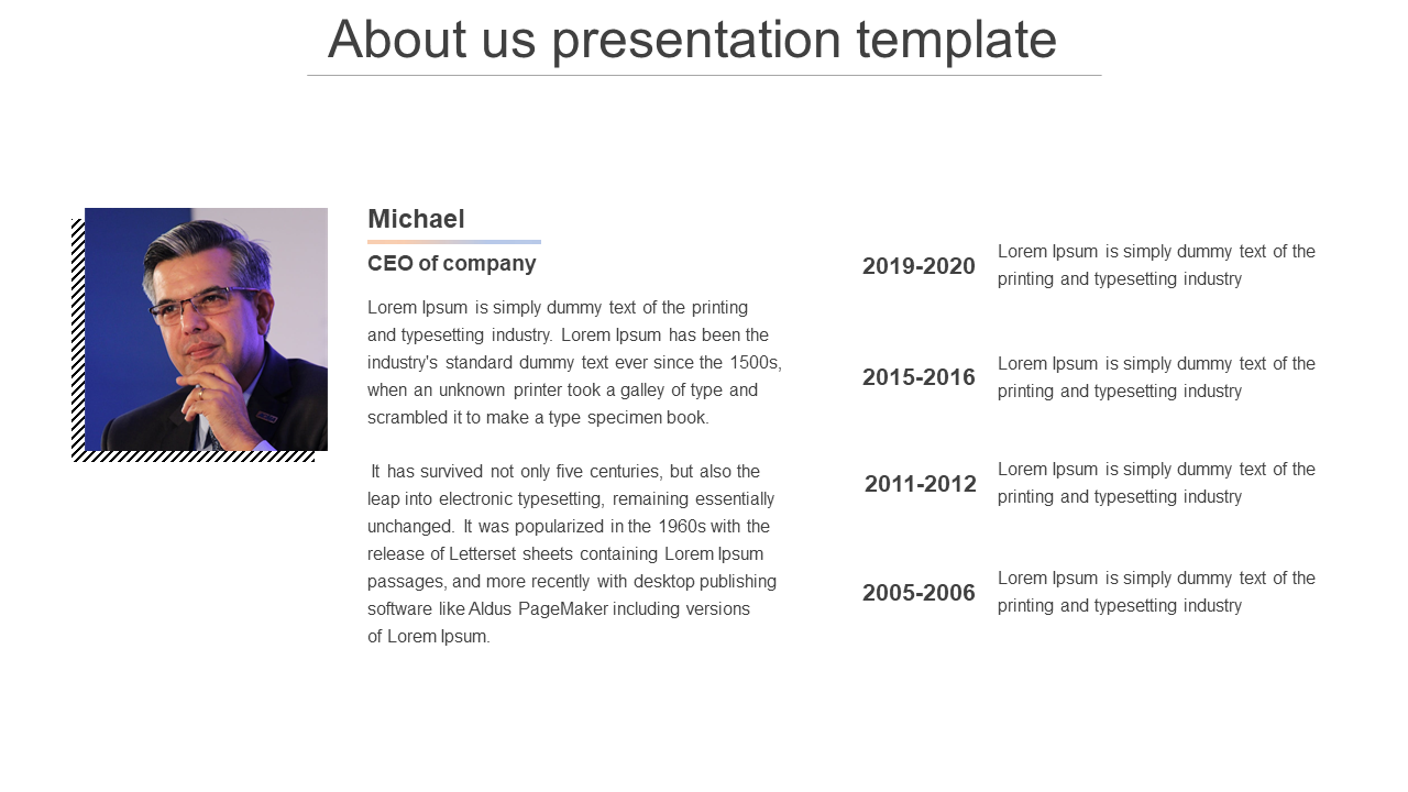 About us slide featuring a profile image on the left, a biography, and four timeline of achievements on the right.