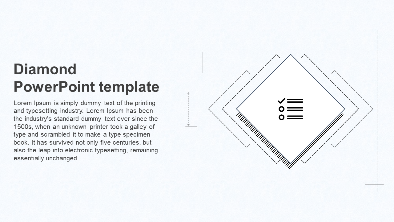 Slide with a checklist icon inside a diamond shape, surrounded by layered outlines, and left aligned text.
