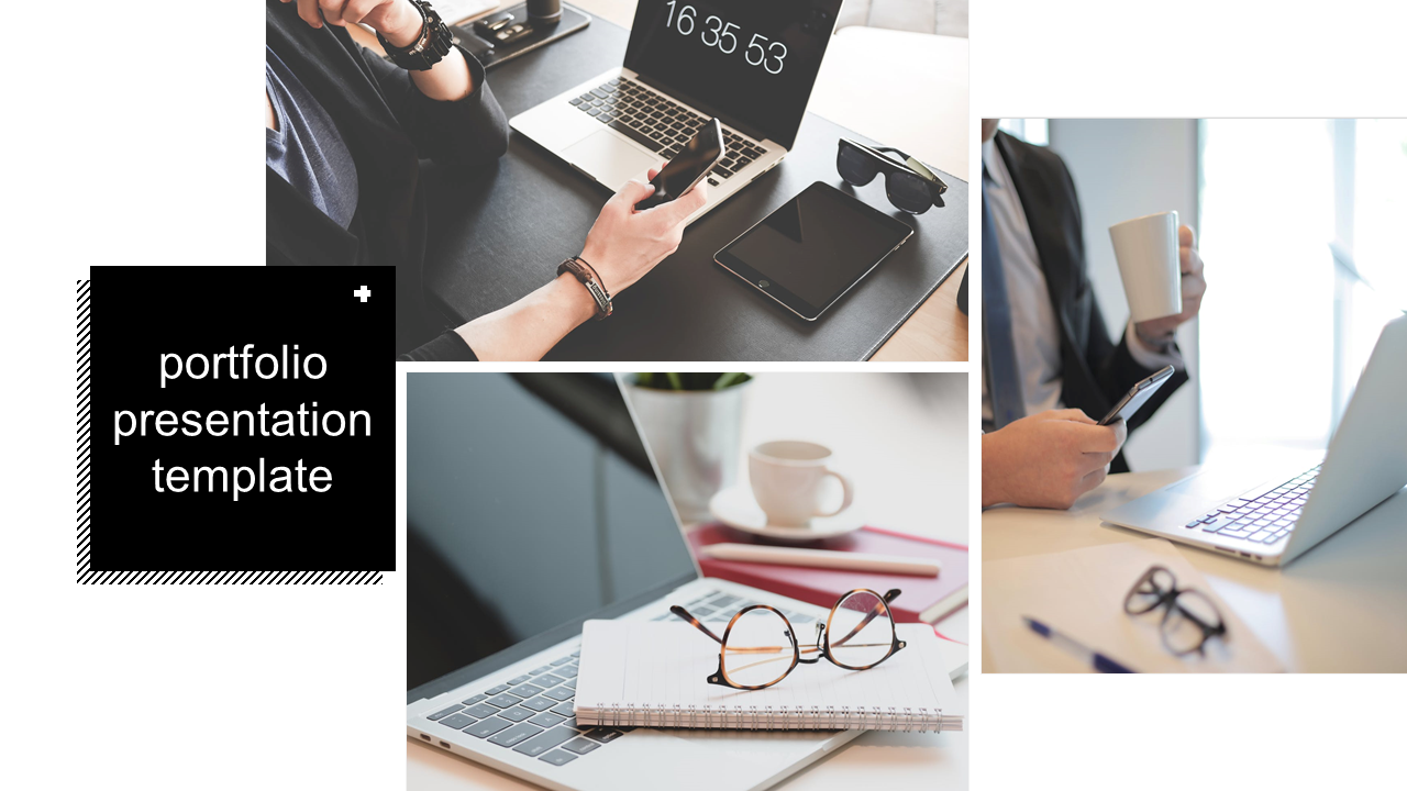 Portfolio slide with a collage of three workspace images featuring laptops, smartphones, coffee cups, and office accessories.