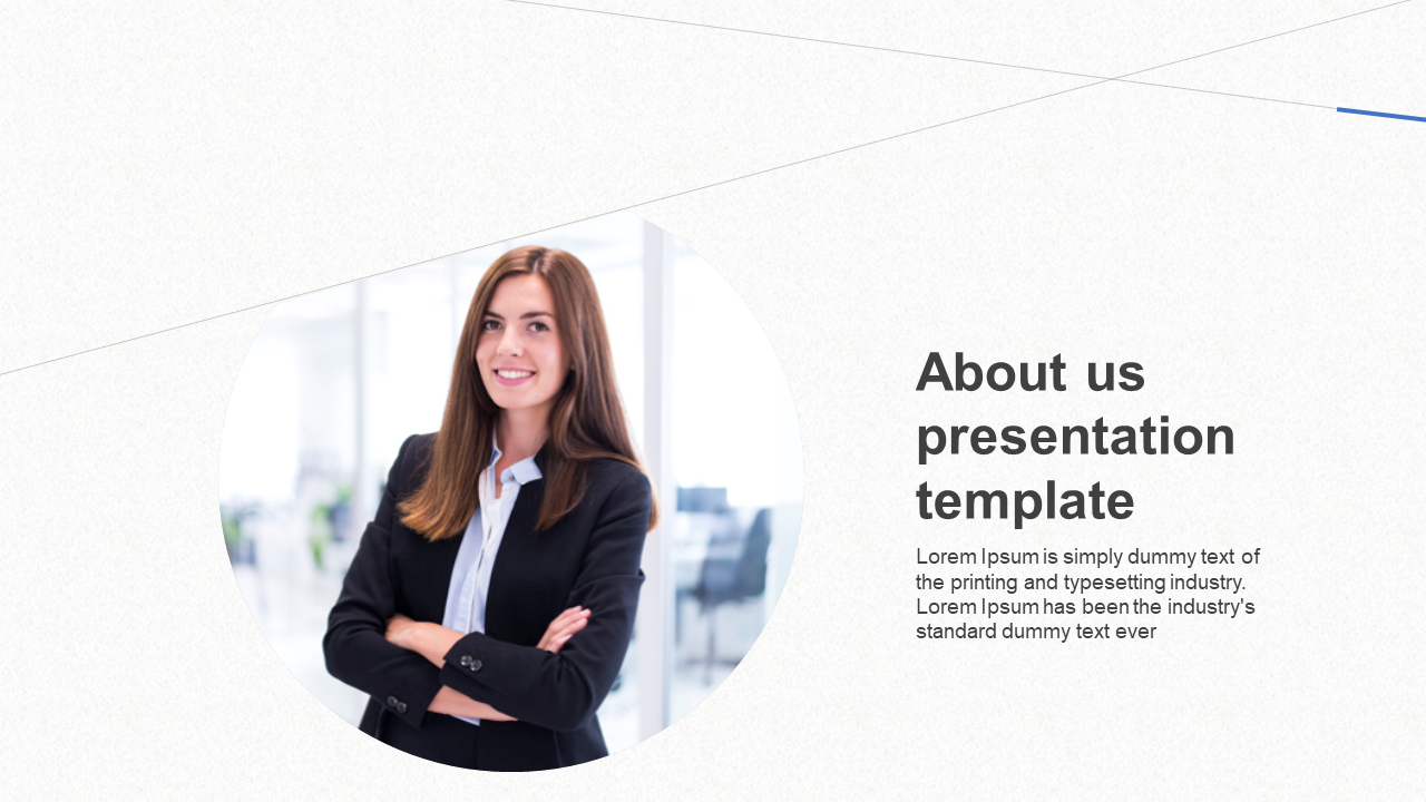 About us presentation slide with a smiling businesswoman, and descriptive text on the right.