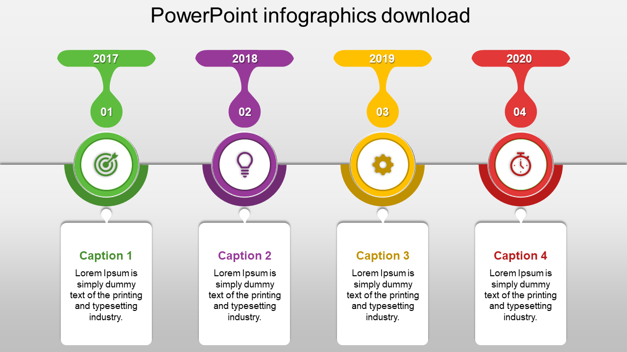 Infographic with a horizontal timeline, using green, purple, yellow, and red circular markers from 2017 to 2020.