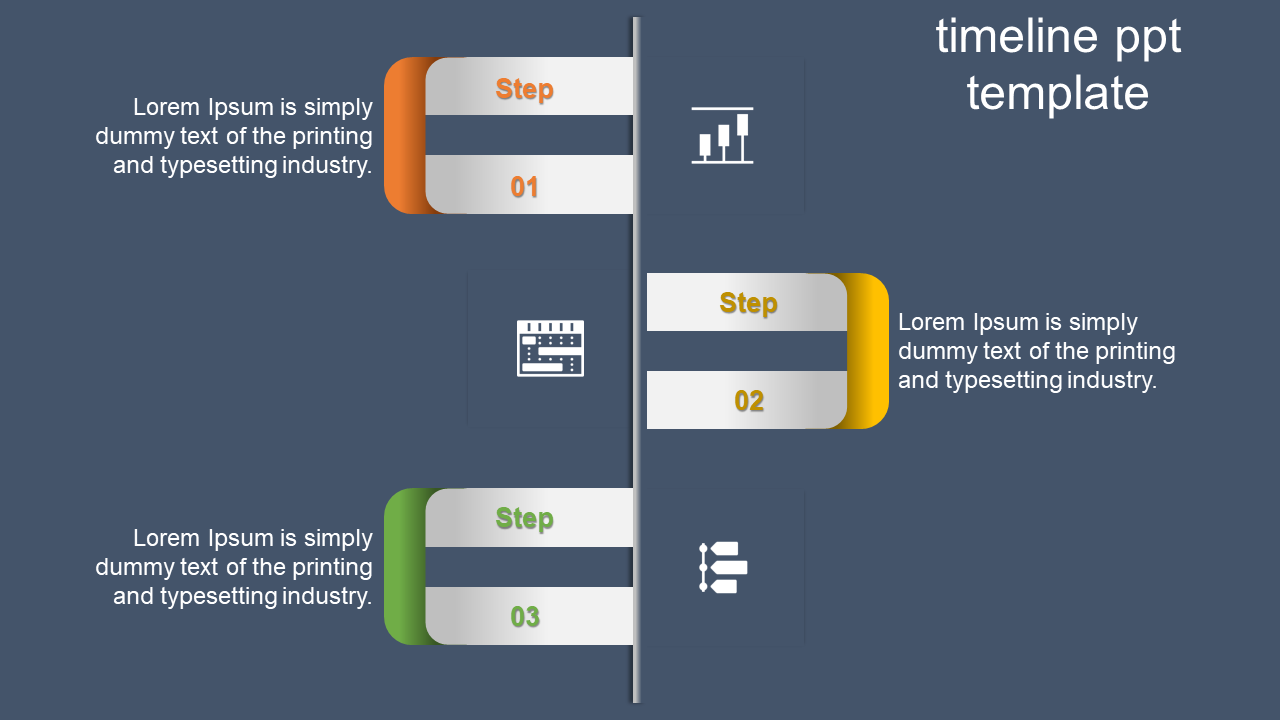 Vertical timeline with three curved labels in orange, yellow, and green, connected to icons and text, on a gray background.