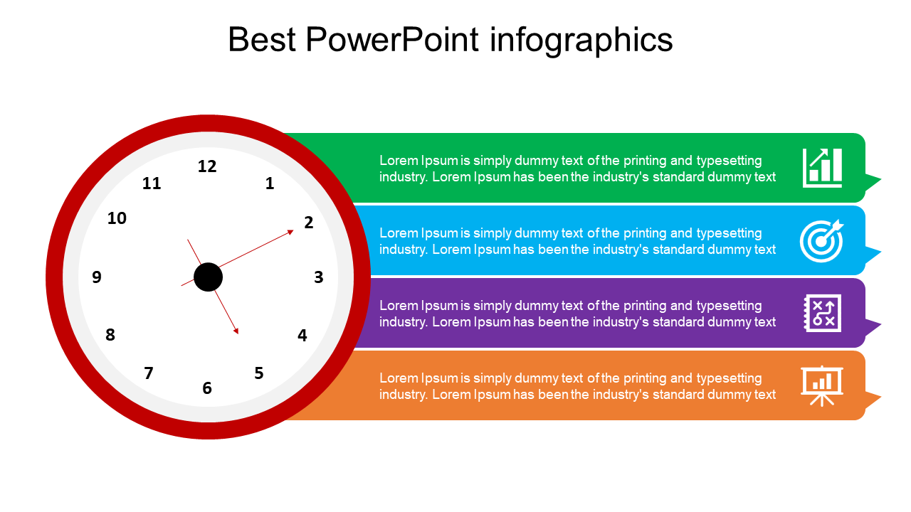 Infographic with a red bordered clock and four vibrant labeled sections in green, blue, purple, and orange on the right.