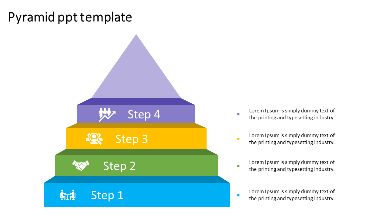 Business pyramid template with four tiers, each marked with a step number and an icon, with connecting lines.