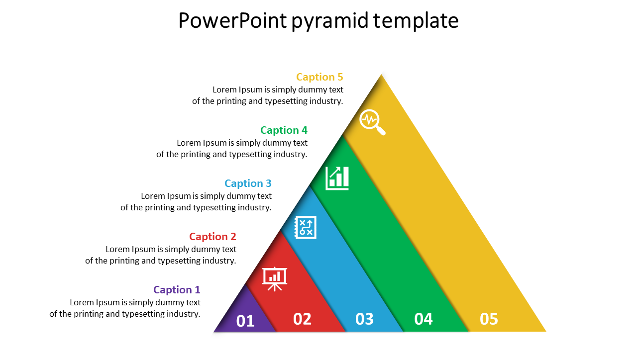 Colorful PowerPoint pyramid template with five layers, each containing a number and caption.