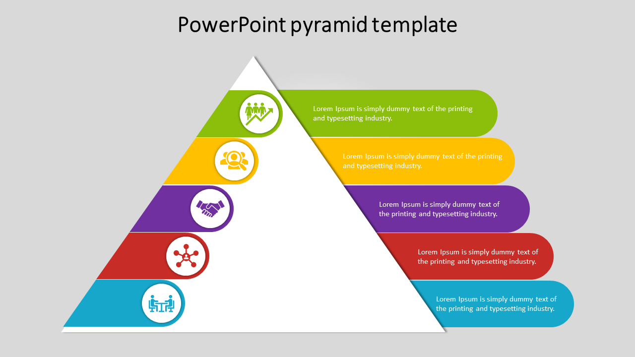 Pyramid diagram PowerPoint template with five levels, each labeled with a color and caption.