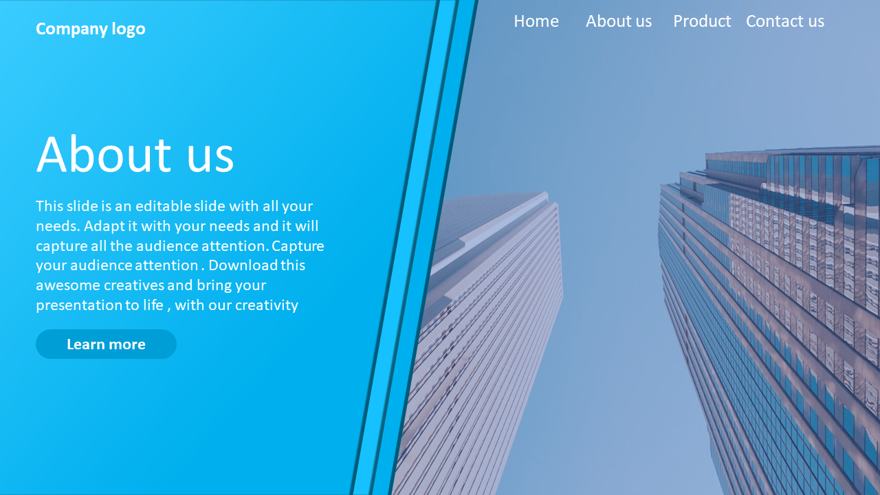 About Us PowerPoint template with a modern design featuring a city skyline on a blue theme with placeholder text.