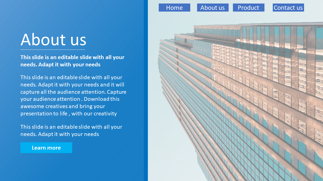 About us slide with a blue gradient background featuring text, and a skyscraper image with navigation buttons at the top.