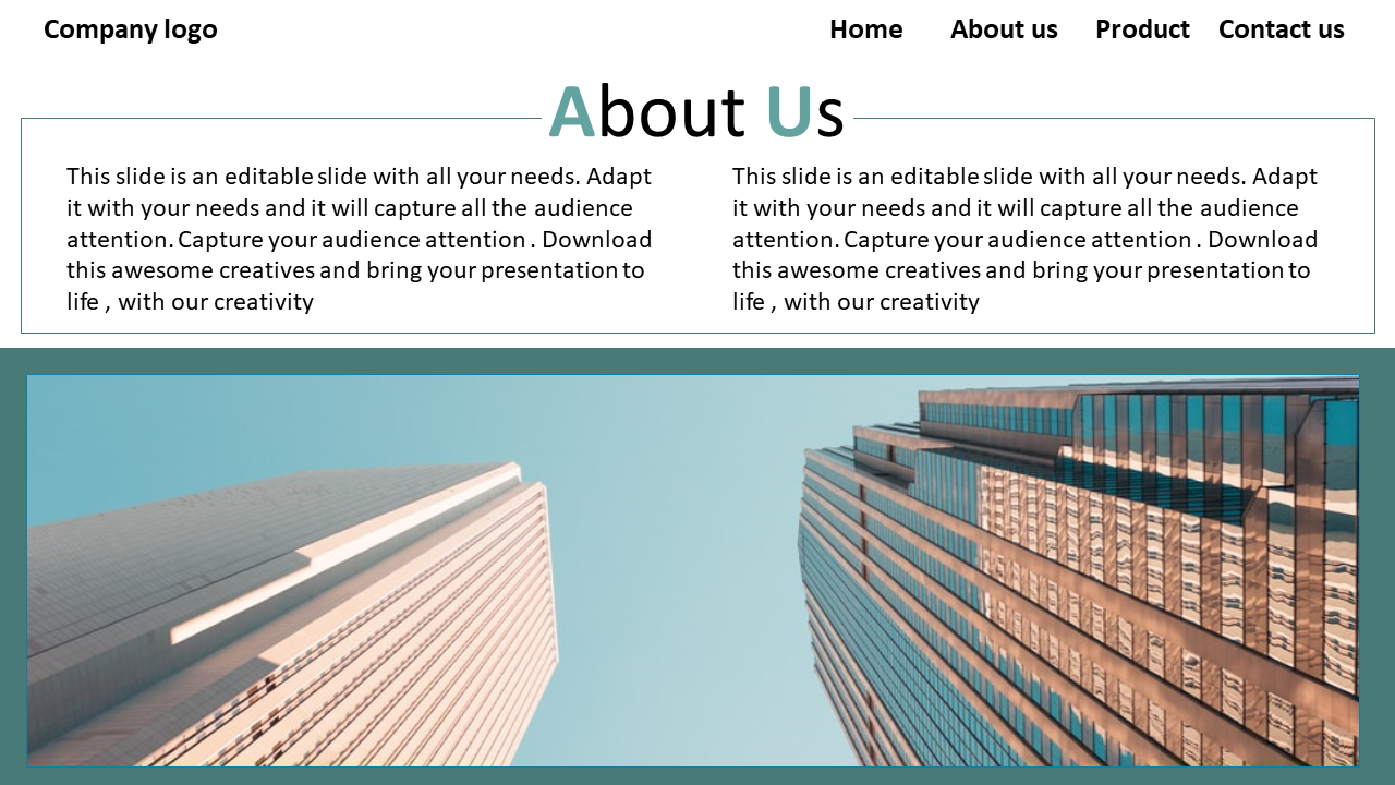 Business PowerPoint slide with text, green design elements, and a modern building image.