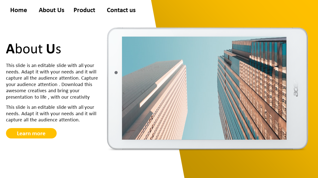 About us slide with text on the left and a tablet on the right showing a cityscape, in a yellow and white theme.