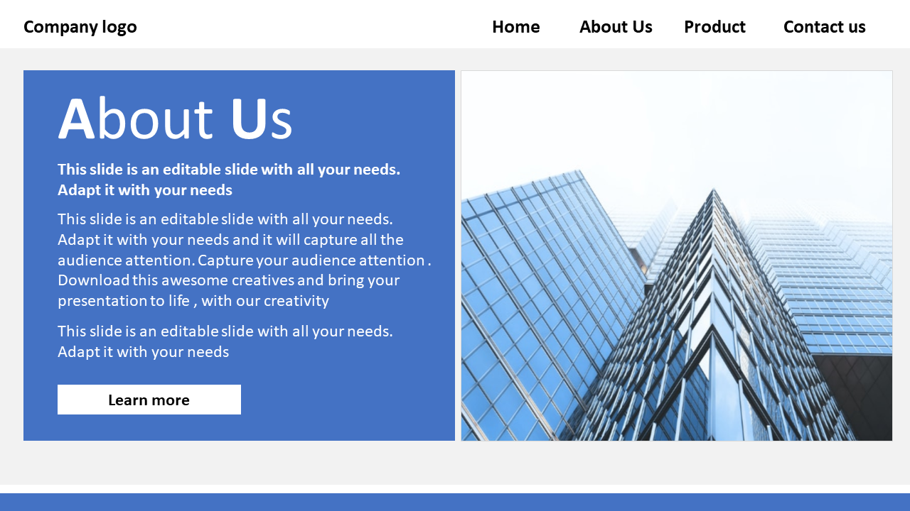 About Us template with a blue content box, business description, and a high-rise glass building image on the right.