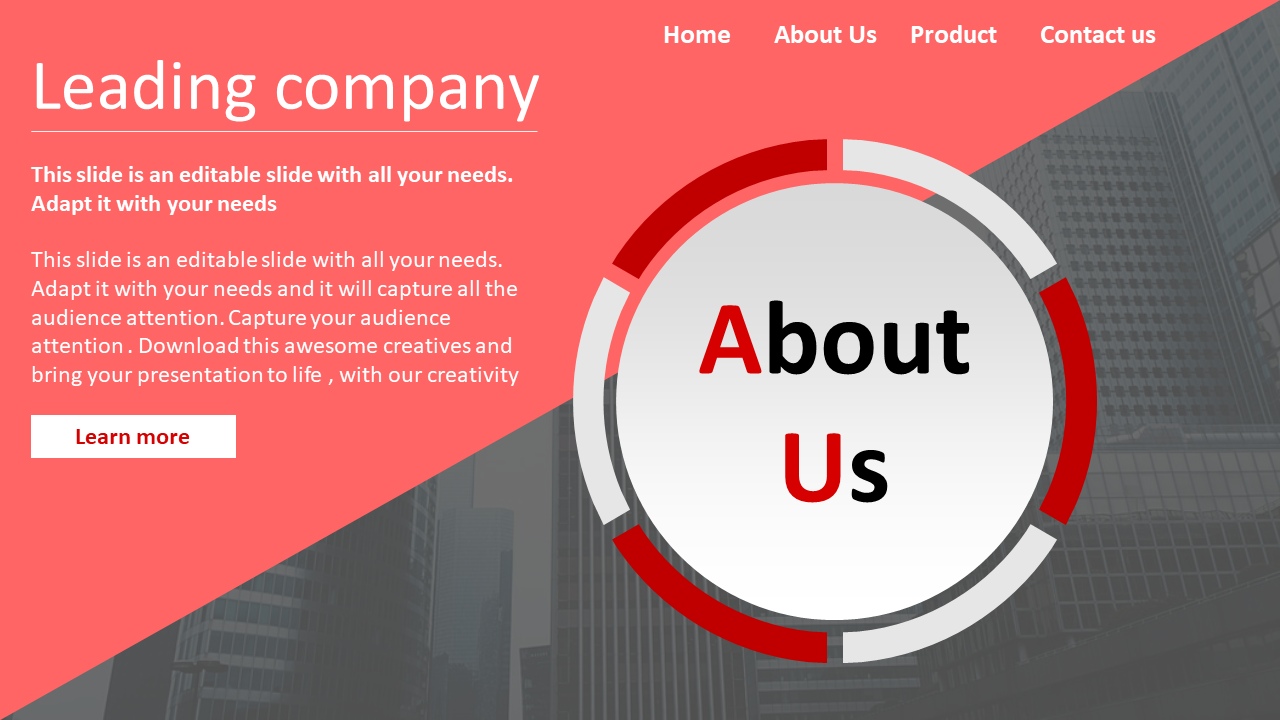 About us slide with a diagonal red and gray overlay, featuring a large circular graphic, on a building background.