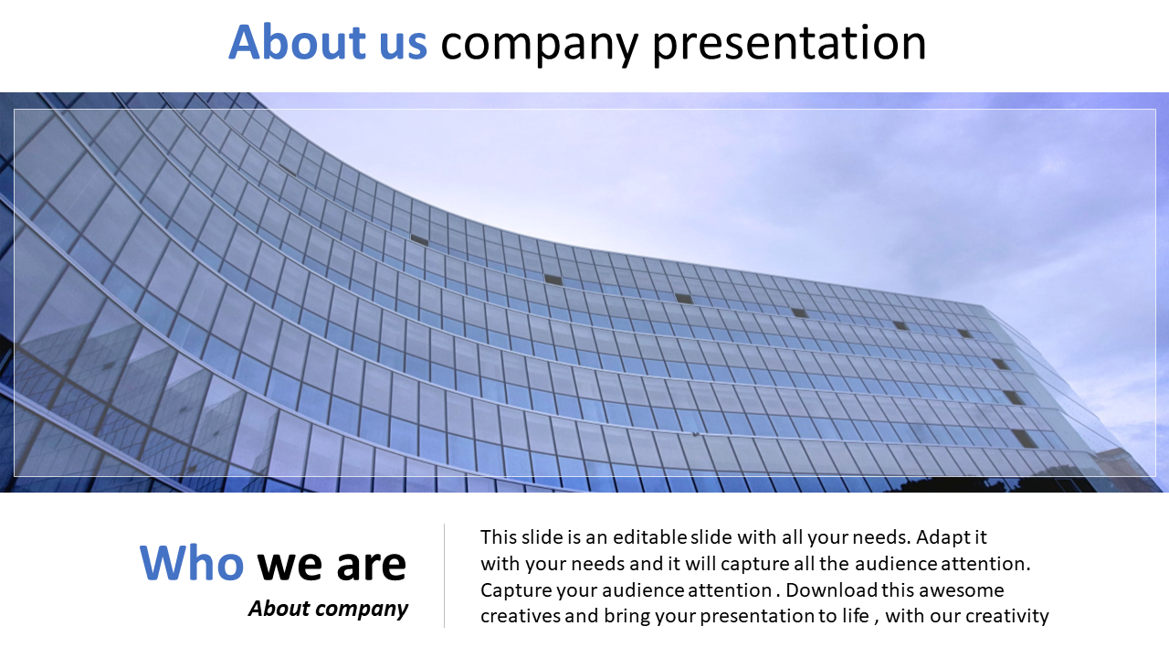 Professional about us company presentation slide with modern building background with placeholder text.